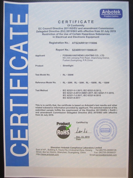 Chiny Foshan Kaicheng Lighting Co., Ltd. Certyfikaty